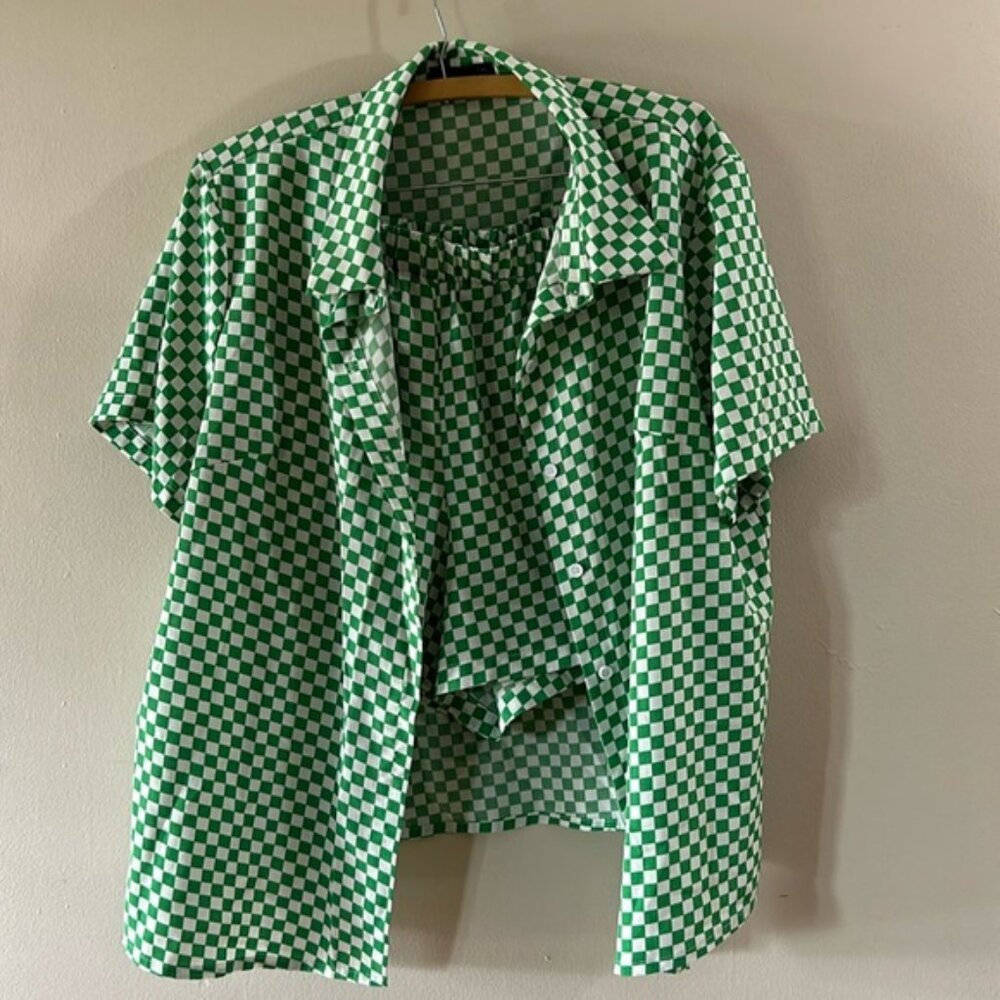 SHEIN green checkered 2 piece set size 1X button down top with shorts